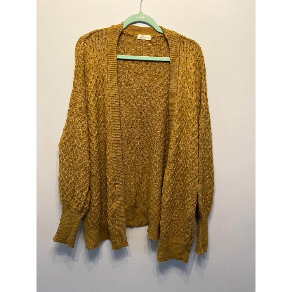 Very soft Rylee + Cru Mustard Yellow Pointelle Knit Open Front Cardi Sweater XL